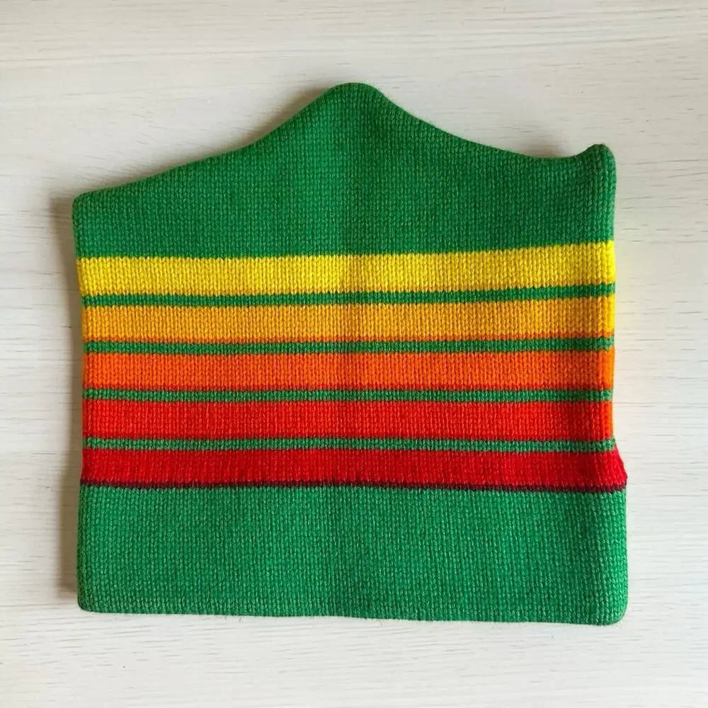 Vintage 100% Pure Wool Striped Ski Hat Beanie Green Orange Red Retro Knit Cap